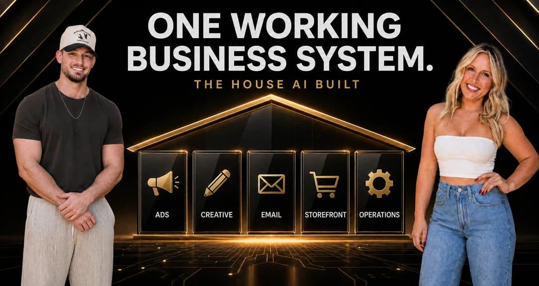 Cole Haring and Ashley Kirchner beside a connected business system for ads, creative, email, storefront, and operations