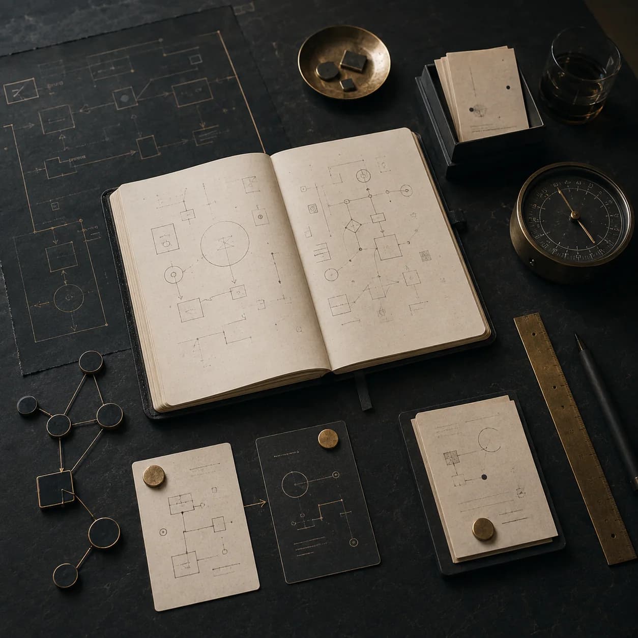An operator's evidence desk with an open workflow notebook, process maps, and measurement tools