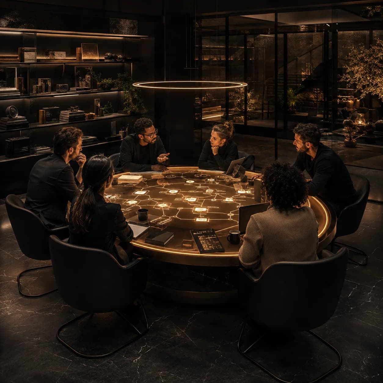 A small group of business operators collaborating around an illuminated systems table