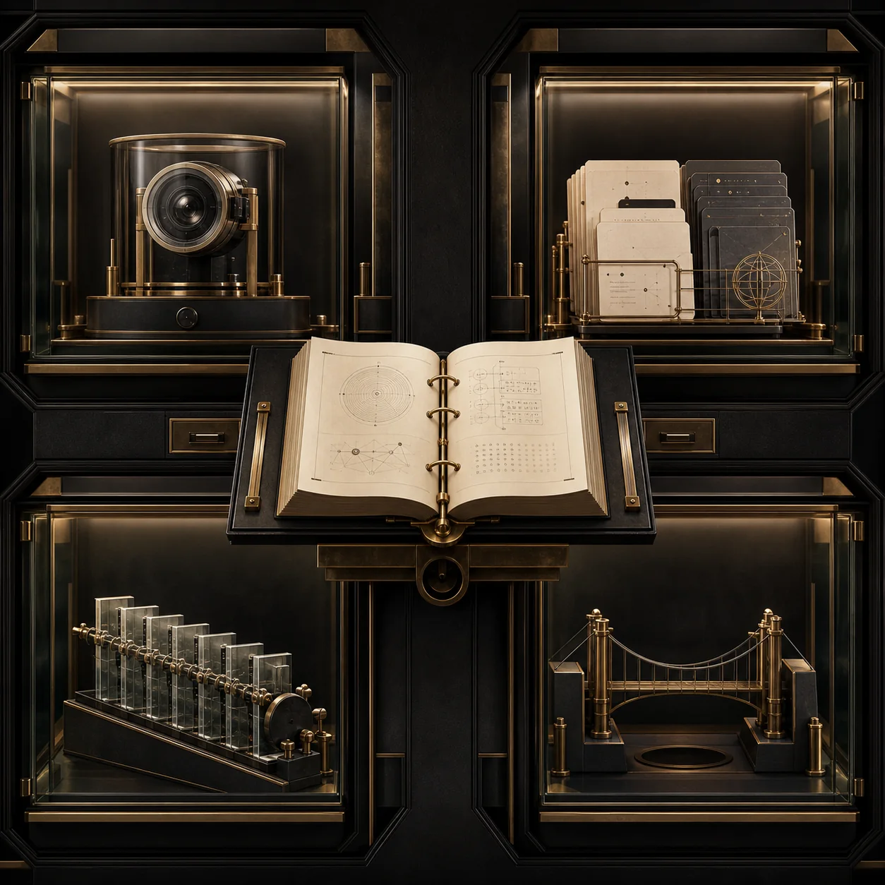 Four modular workflow artifacts arranged around an open field manual in a secure vault