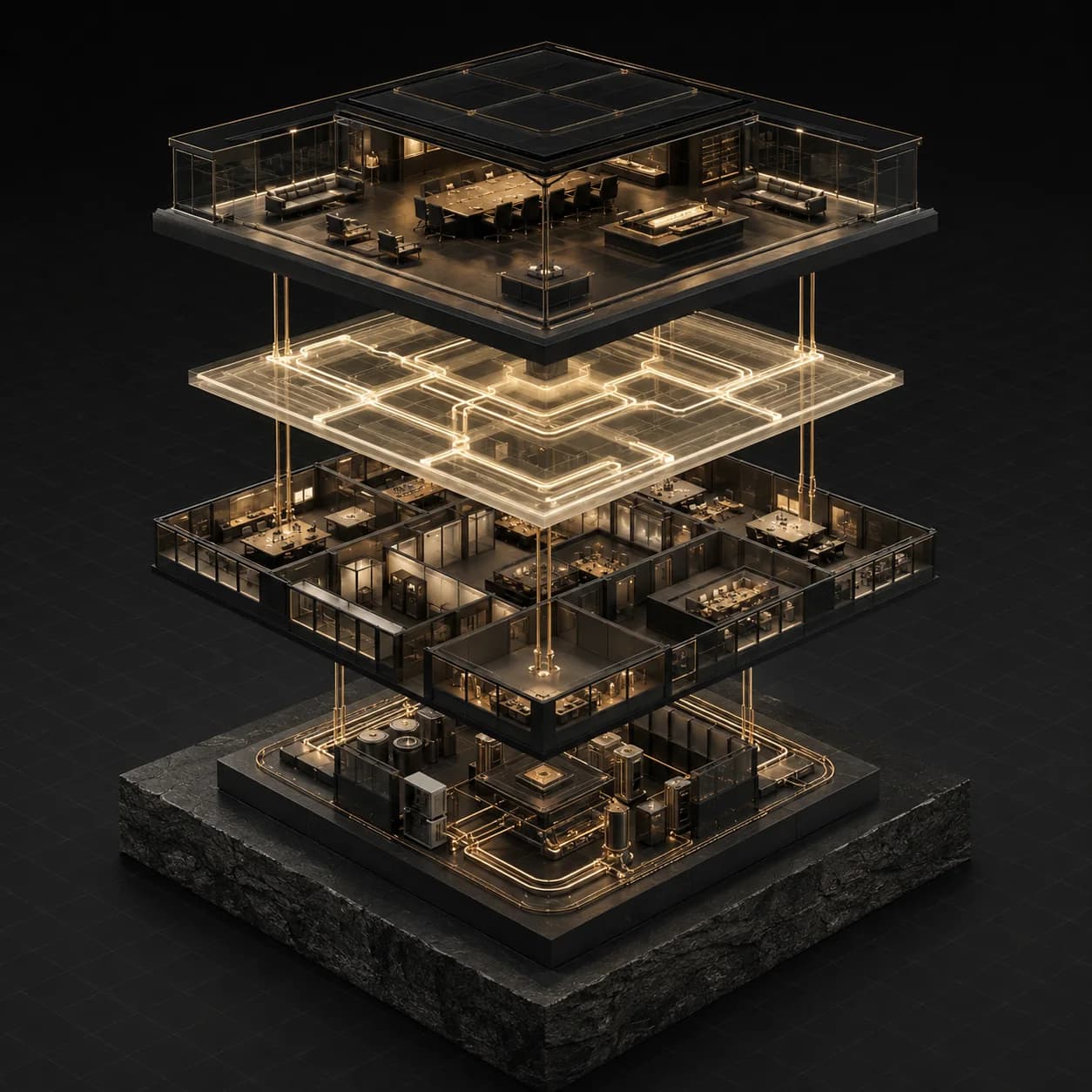 An exploded four-layer architecture connecting a foundation, working rooms, pathways, and a control deck