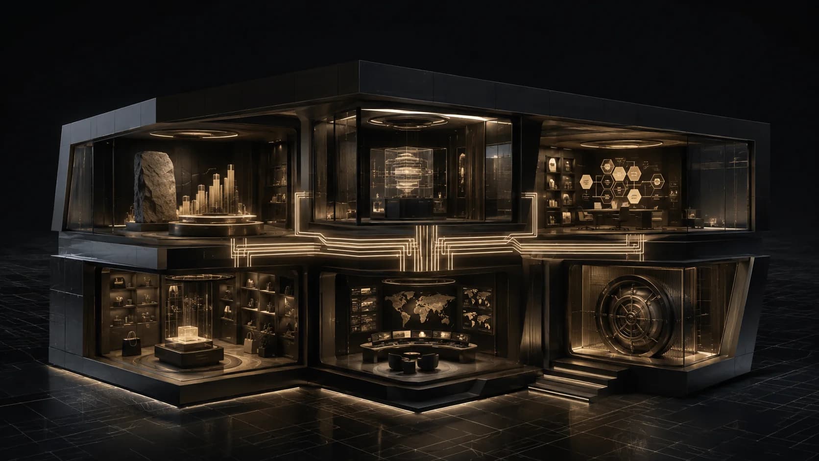 A cinematic architectural cutaway showing six connected rooms powered by one illuminated operating system