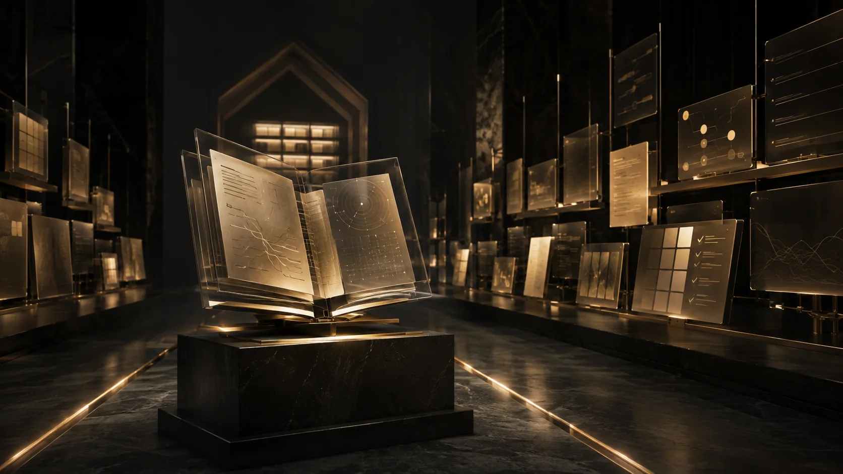 An illuminated glass playbook surrounded by an organized archive of reusable business systems